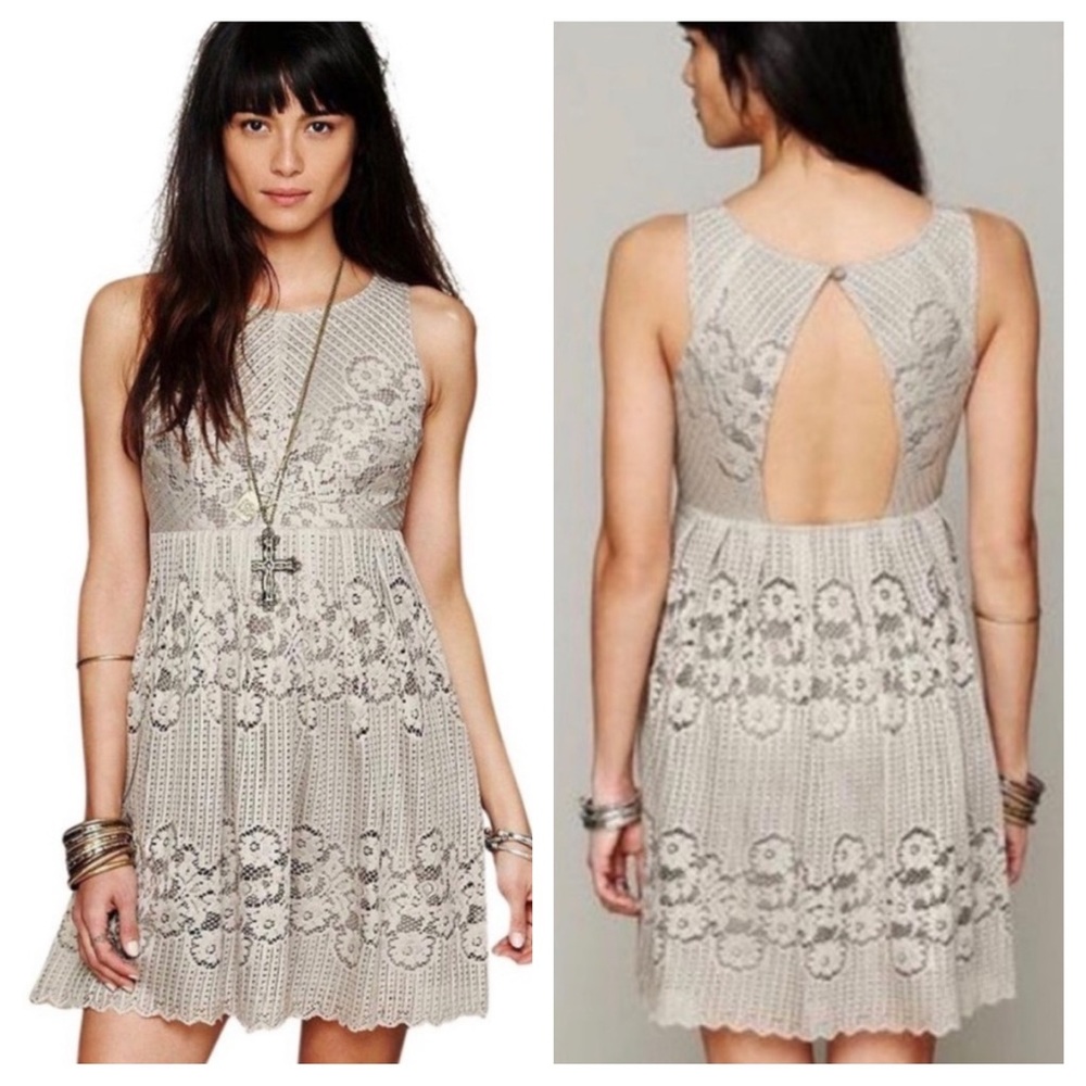 Free People Stone Tan Grey Rocco Lace Mini Dress Cut Out Fit & Flare